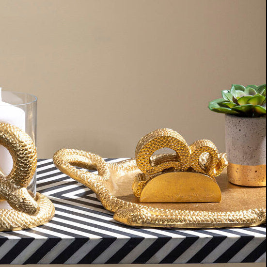 Gold Set of 4 Snake Motif Coasters with Holder