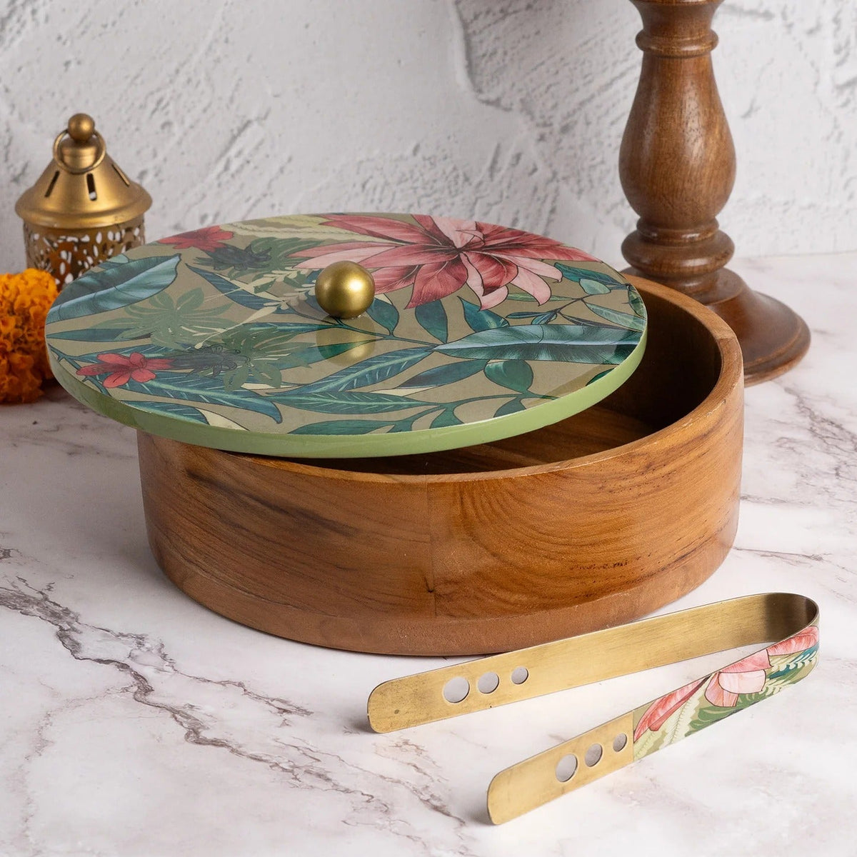Teak Wood Roti Box with Tong Green Enamel Print