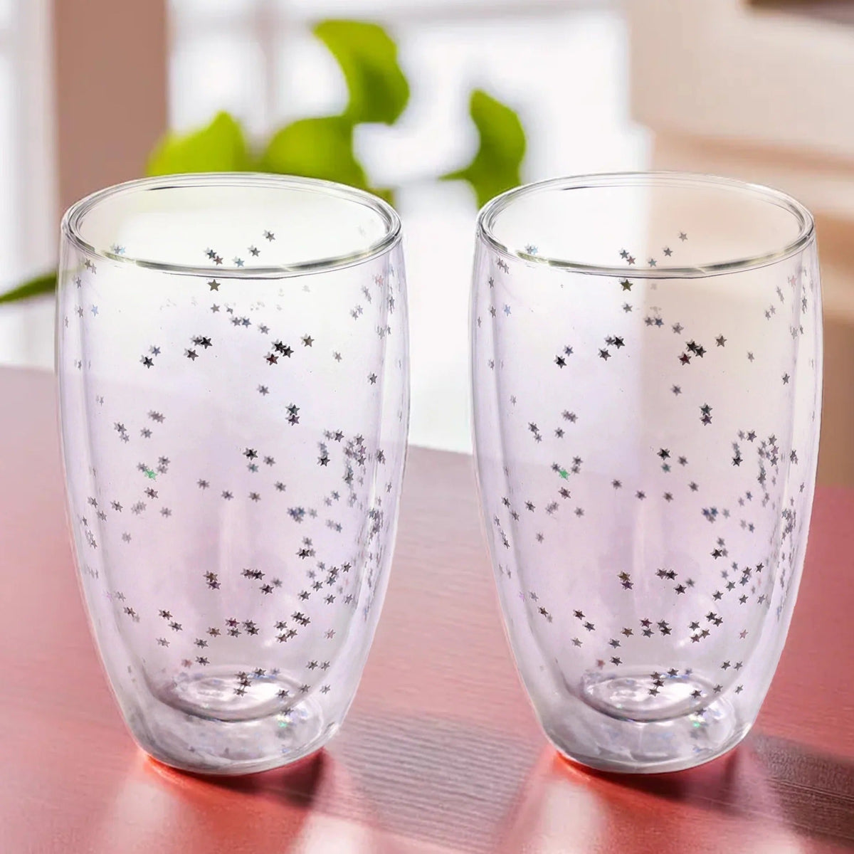 Double Wall Borosilicate Glass Coffee Mugs Set of 2 (450 ml), Starry Design, Transparent