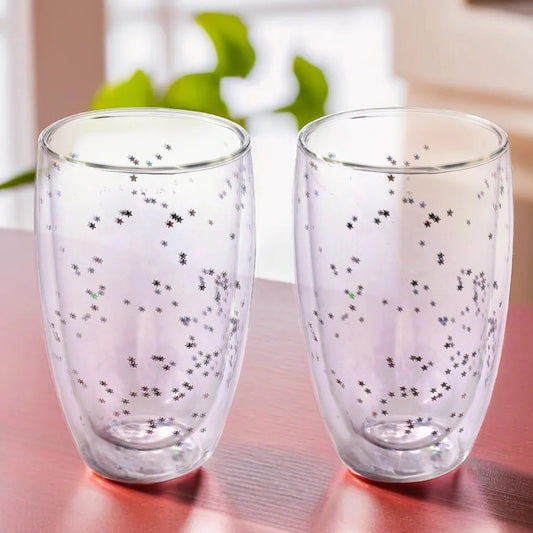 Double Wall Borosilicate Glass Coffee Mugs Set of 2 (450 ml), Starry Design, Transparent
