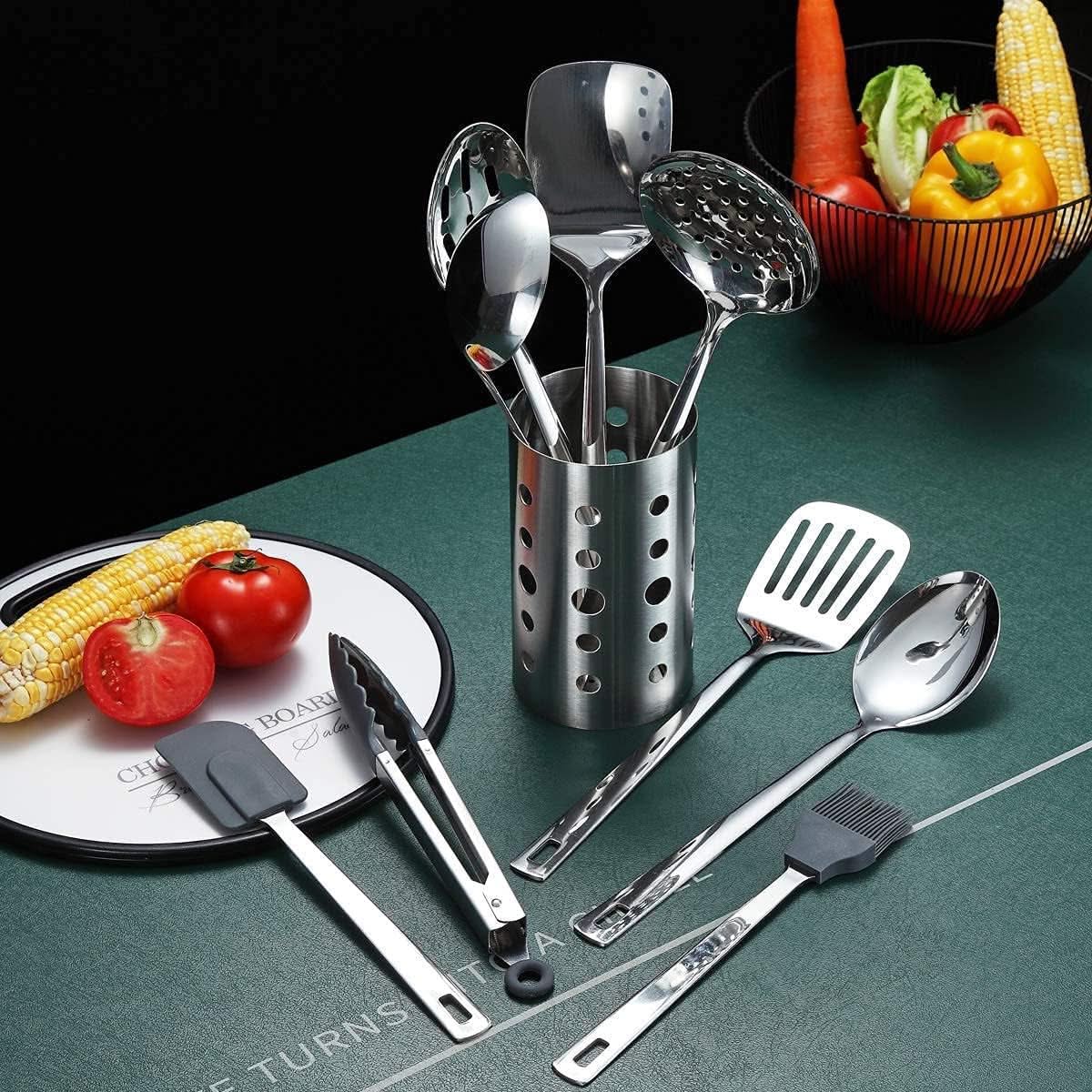 Stainless Steel Cooking Utensils Set, 13 Pieces Kitchen Utensils Set – Includes Heat-Resistant and Non-Stick Tools, Utensil Holder, Dishwasher Safe, and Easy to Clean