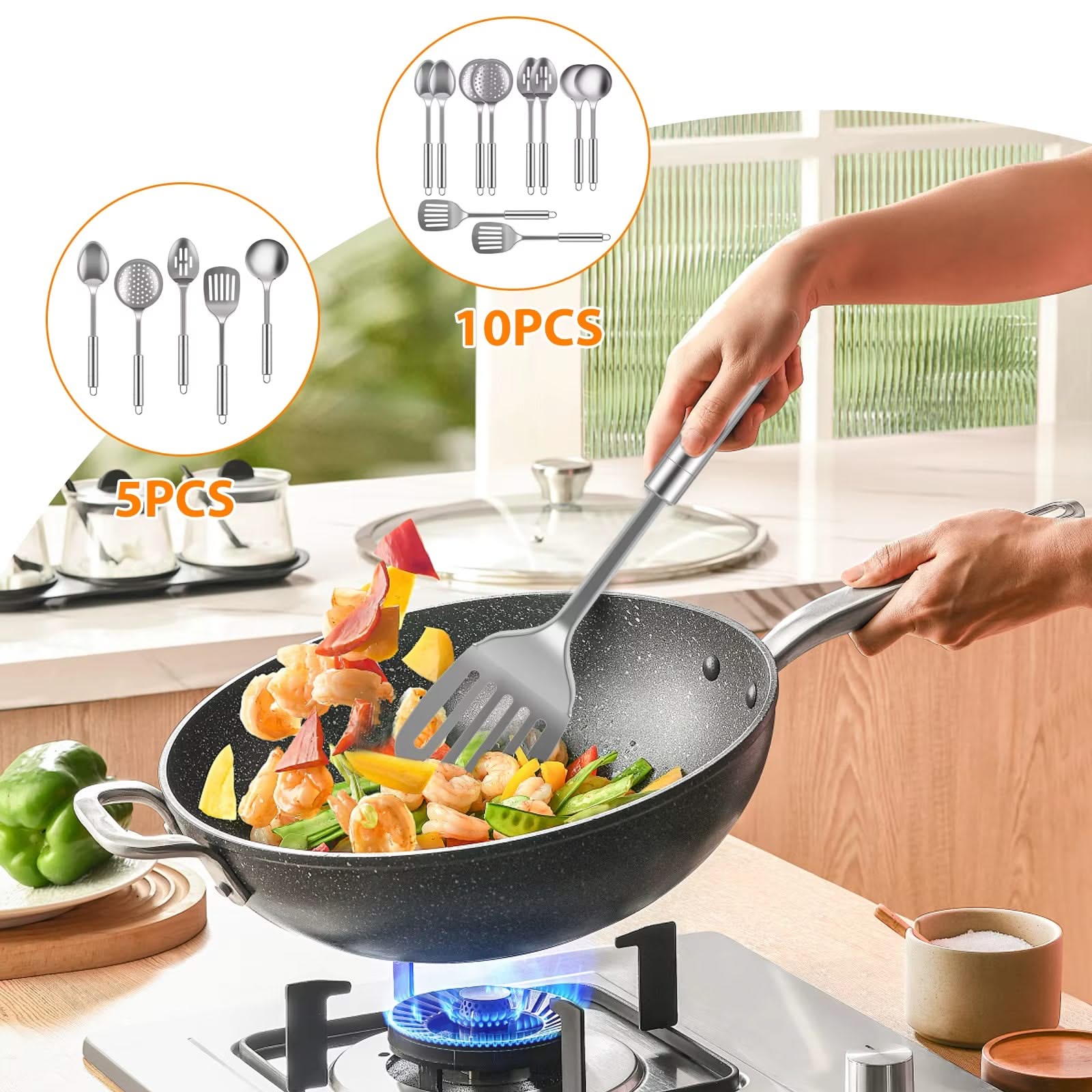 5/10-Piece Stainless Steel Kitchen Utensils Set – Reusable Cooking Tools with Hanging Holes, Includes Spoons, Spatulas, and More