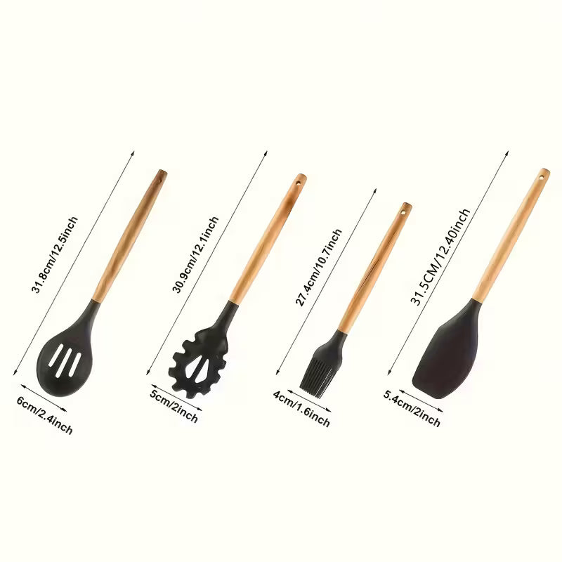 7-piece Silicone Kitchen Utensil Set with Wooden Handles