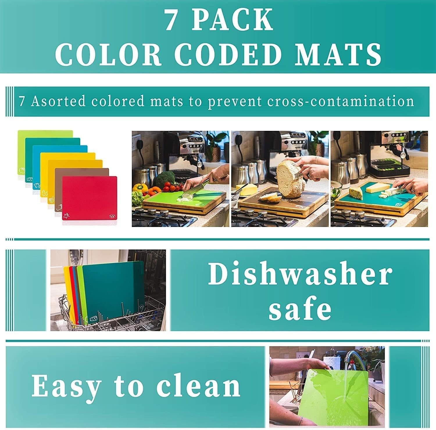 8 in 1 Extra Large Bamboo Wooden Chopping Boards Set with 7 Colour Coded PP Mats (Meat Bread Fish Cheese Dairy) Organic Antibacterial Odour Resistant Dishwasher Safe (42 X 34 X 3.5Cm)