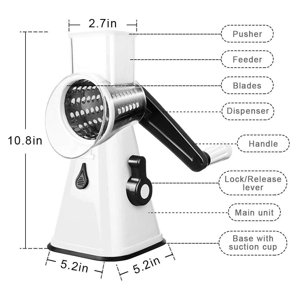 3 in 1 Rotary Cheese Grater – Multifunctional Slicer and Shredder with Easy-to-Swap Stainless Steel Interchangeable Rotating Drum Blades for Effortless Kitchen Prep Tool