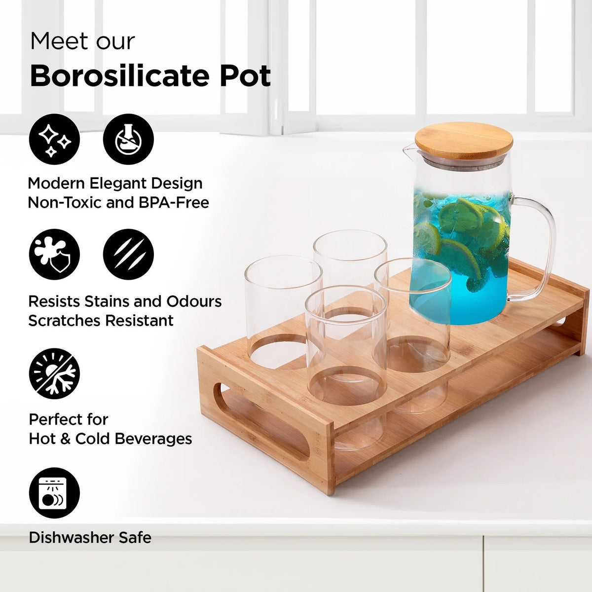 Glass Jug 950 ml with Bamboo Tray + 4 Water Glasses 330 ml Housewarming Gift Set