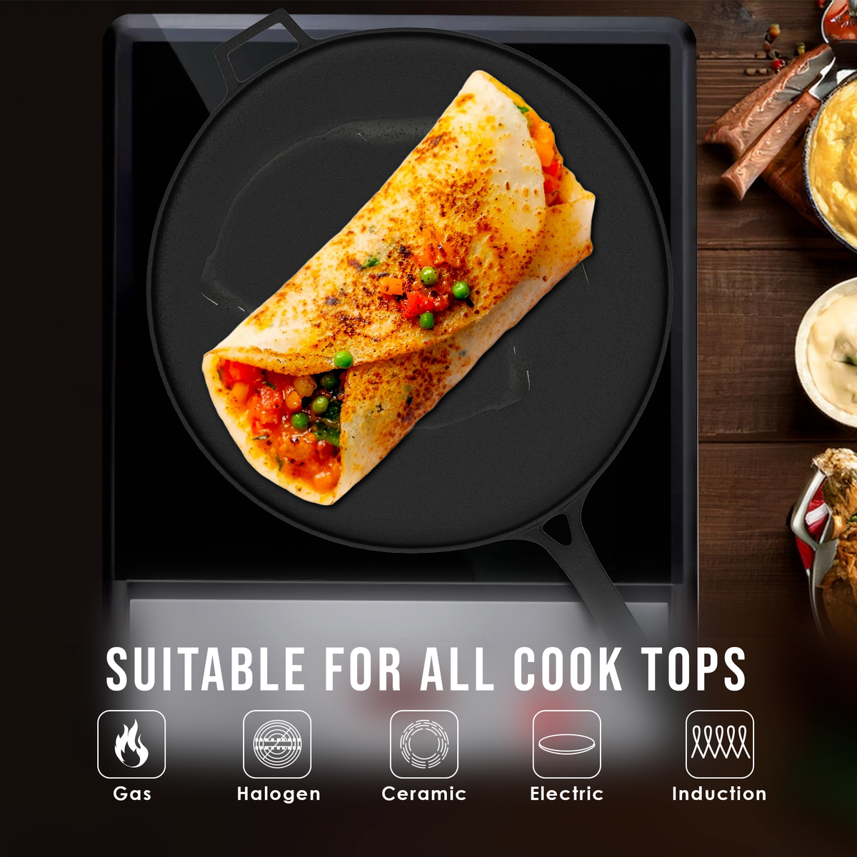 28 cm/11 inch Pre-Seasoned Cast Iron Dosa Tawa, Roti/Chapati Tawa with Long Handle, Iron Tawa Big Size