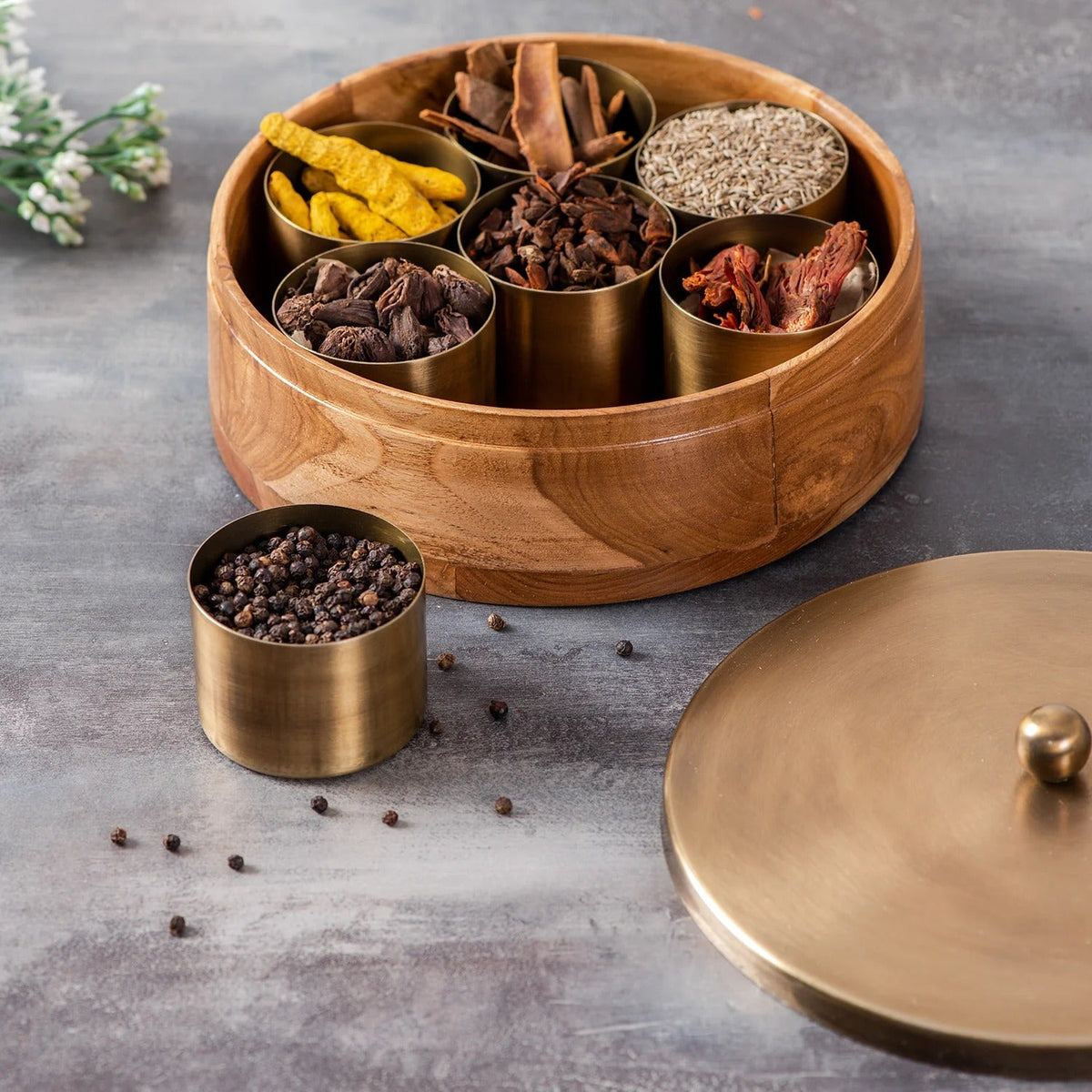 Classic Acacia Wood Masala Box Gold Teak Wood 7 Jars