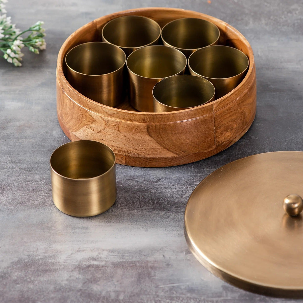 Classic Acacia Wood Masala Box Gold Teak Wood 7 Jars