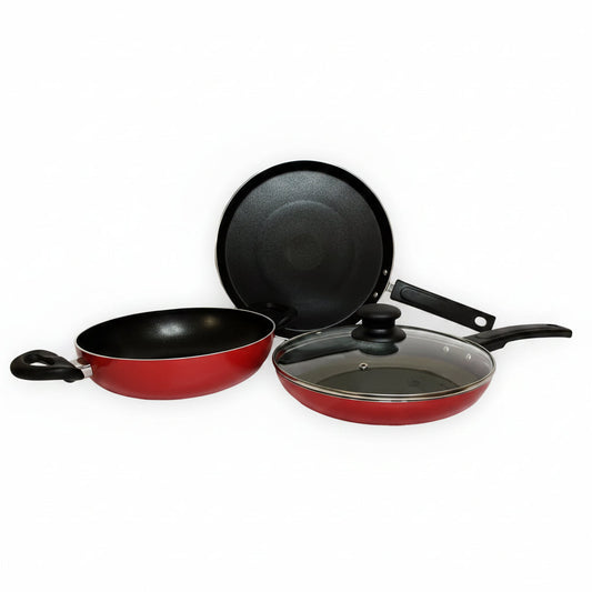 Non-Stick Set Tawa + Kadai + Frying Pan with Lid 1pc Multipurpose Red