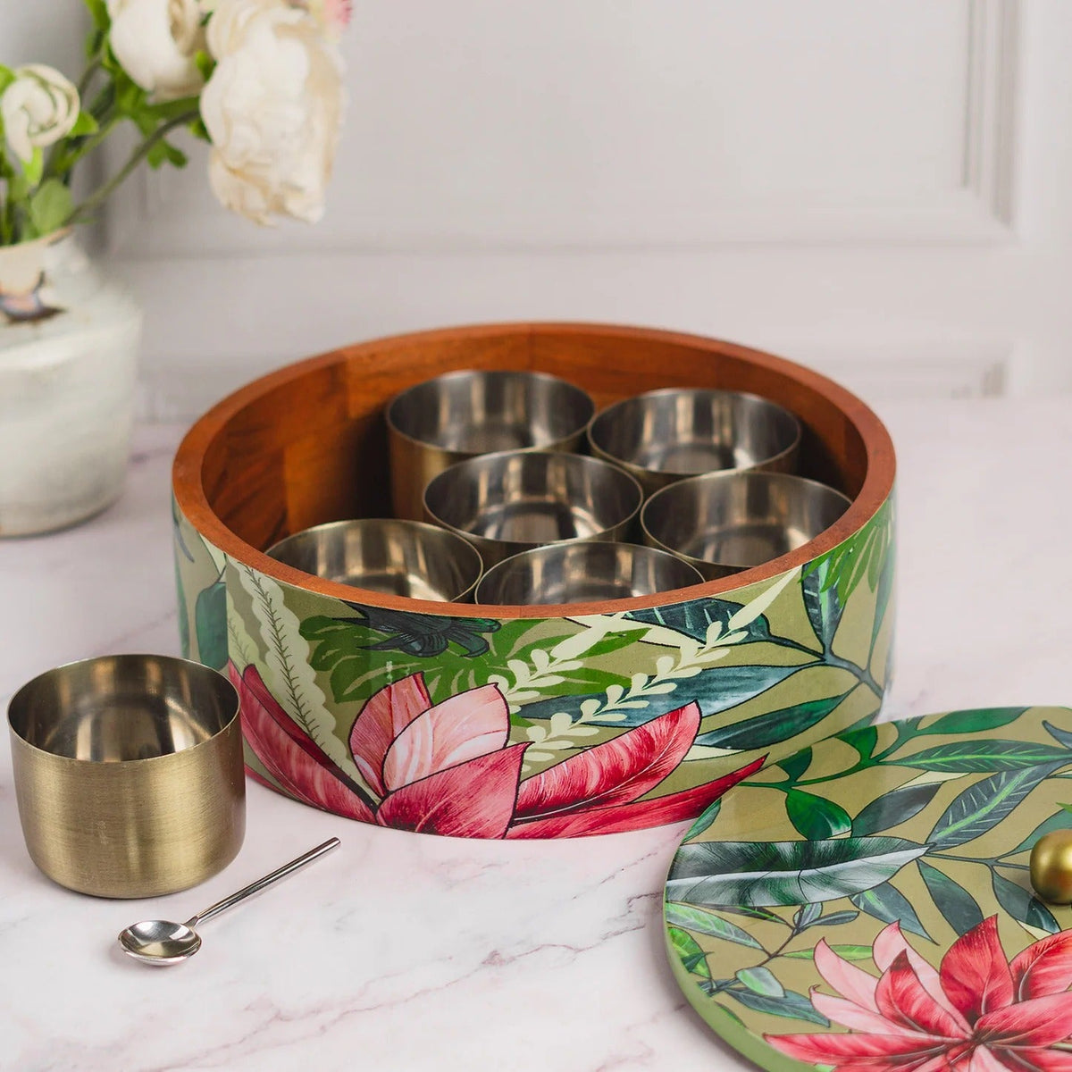 Masala Box Green with 7 Stainless Steel Jars