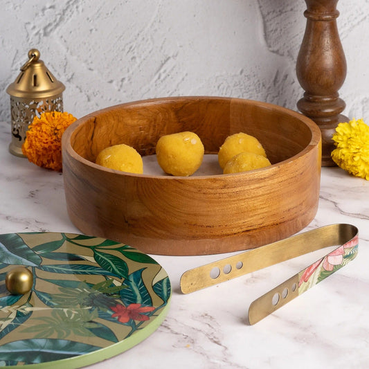 Teak Wood Roti Box with Tong Green Enamel Print