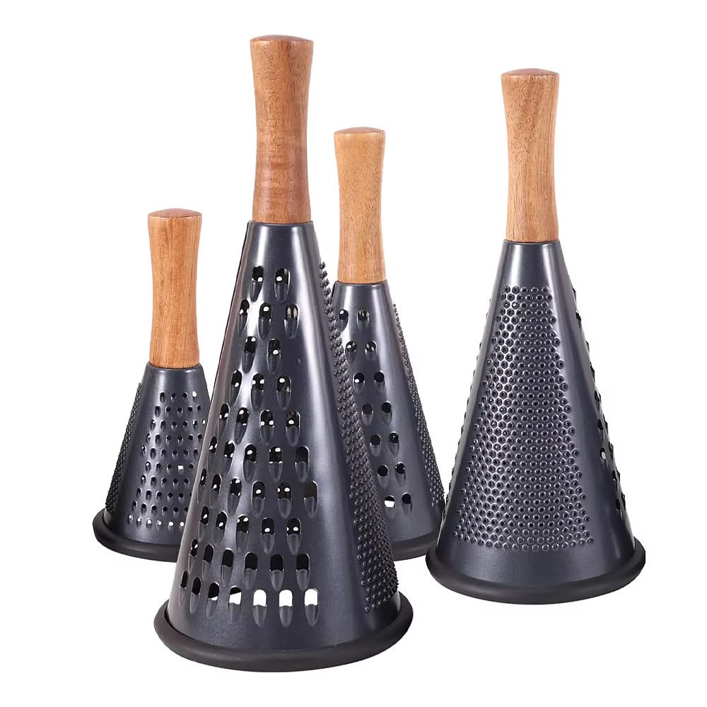 Modern Multi-functional Cone-Shaped Grater 3-Side with Wooden Handle – Ideal for Cheese, Vegetables, and Fruits in the Kitchen (Black), Available in 4 Sizes