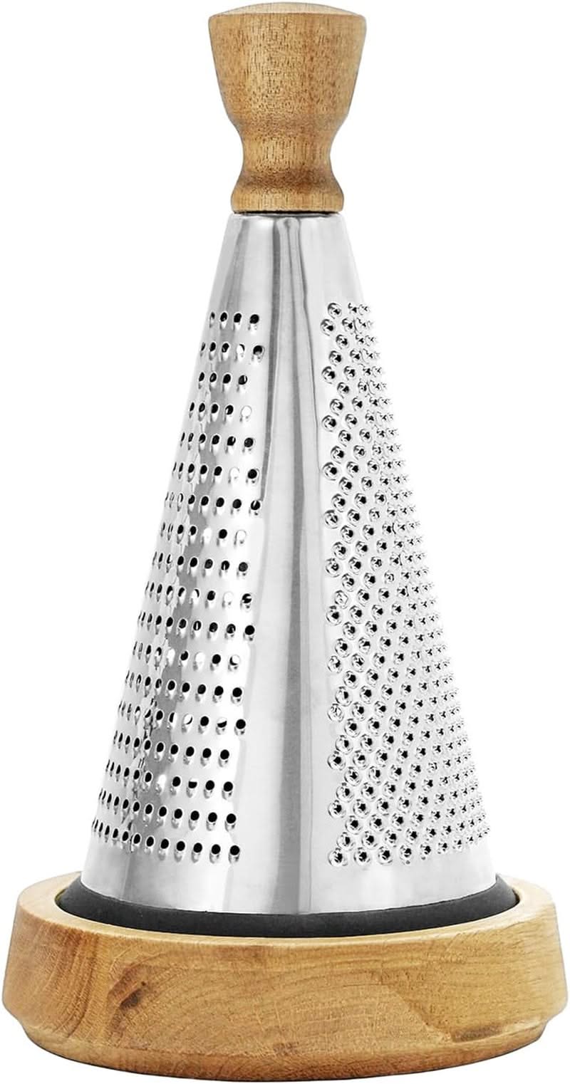 Multi-functional Stainless Steel Cone-Shaped Cheese Grater with Container and Wooden Handle – Perfect for Parmesan Cheese, Vegetables, and Fruits in a Vintage Style