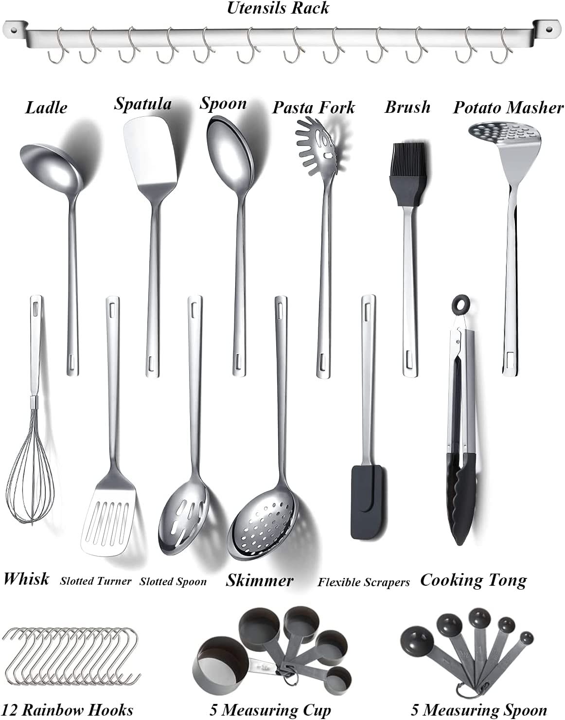37-Piece Stainless Steel Kitchen Utensil Set, Cooking Utensil with Utensil Holder Rack and Hanging Hooks, Dishwasher Safe and Heat-Resistant