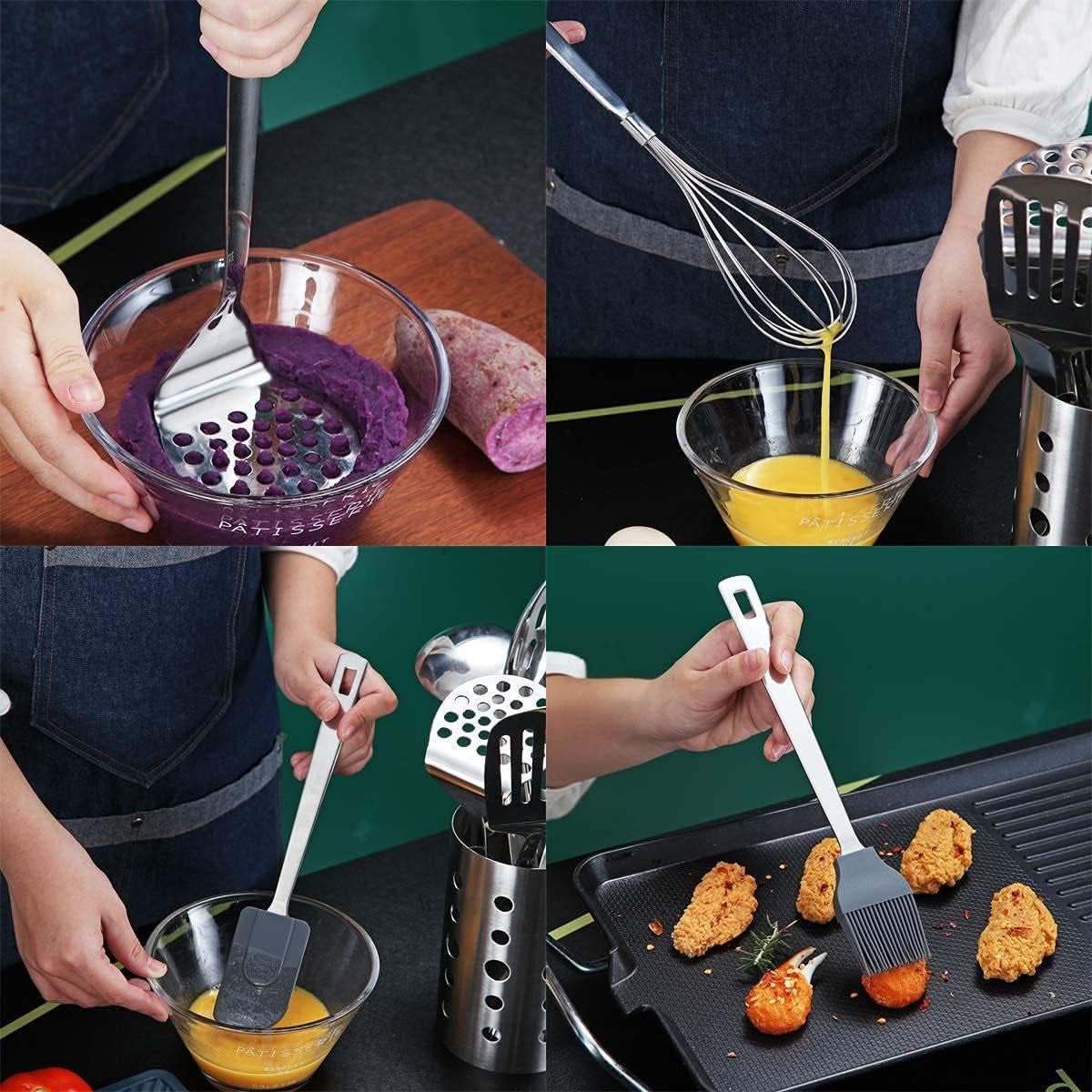 Stainless Steel Cooking Utensils Set, 13 Pieces Kitchen Utensils Set – Includes Heat-Resistant and Non-Stick Tools, Utensil Holder, Dishwasher Safe, and Easy to Clean