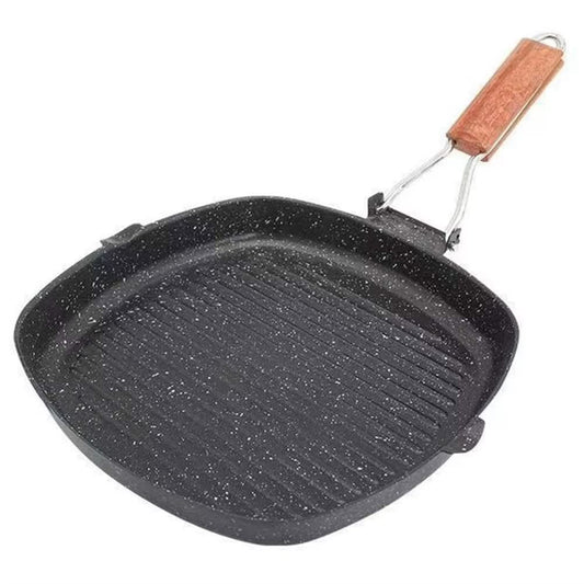 Non-Stick Grill Pan with Foldable Wooden Handle – Perfect for Grilling Steak, Meat, Fish, and Vegetables