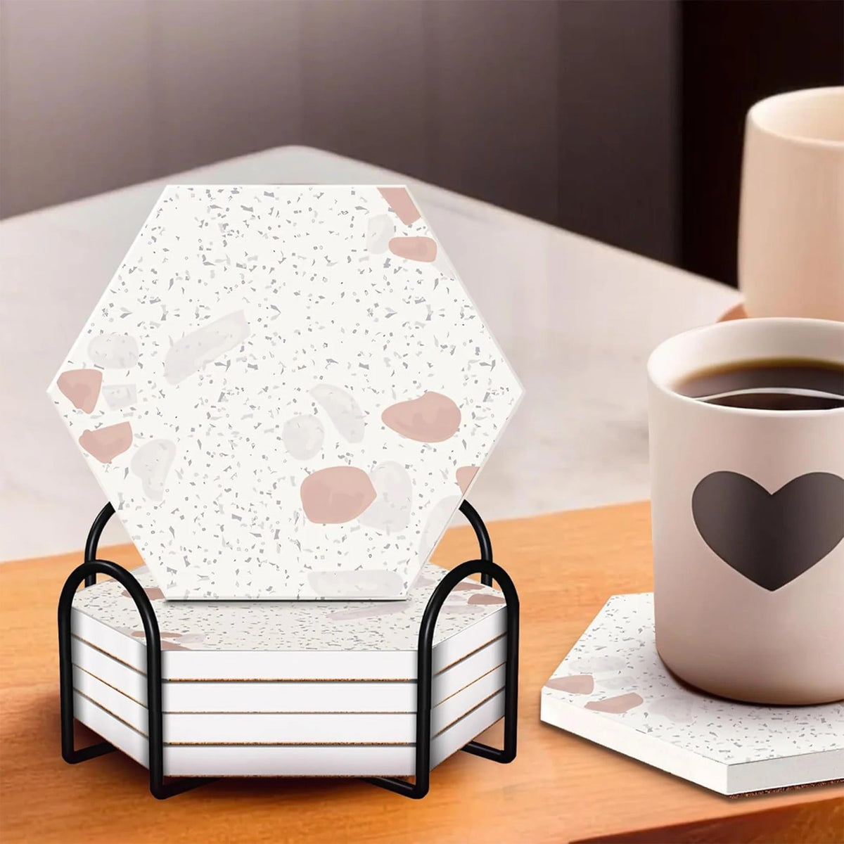 18 pcs Diatomite Tea Coaster with Holder Water Absorbent Hexagonal Cream