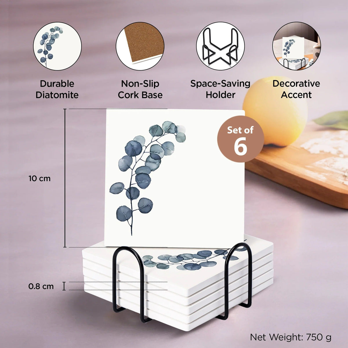 Diatomite Coasters Set of 6 with Holder 10 cm 8 mm Thick White Dining Table Absorbent