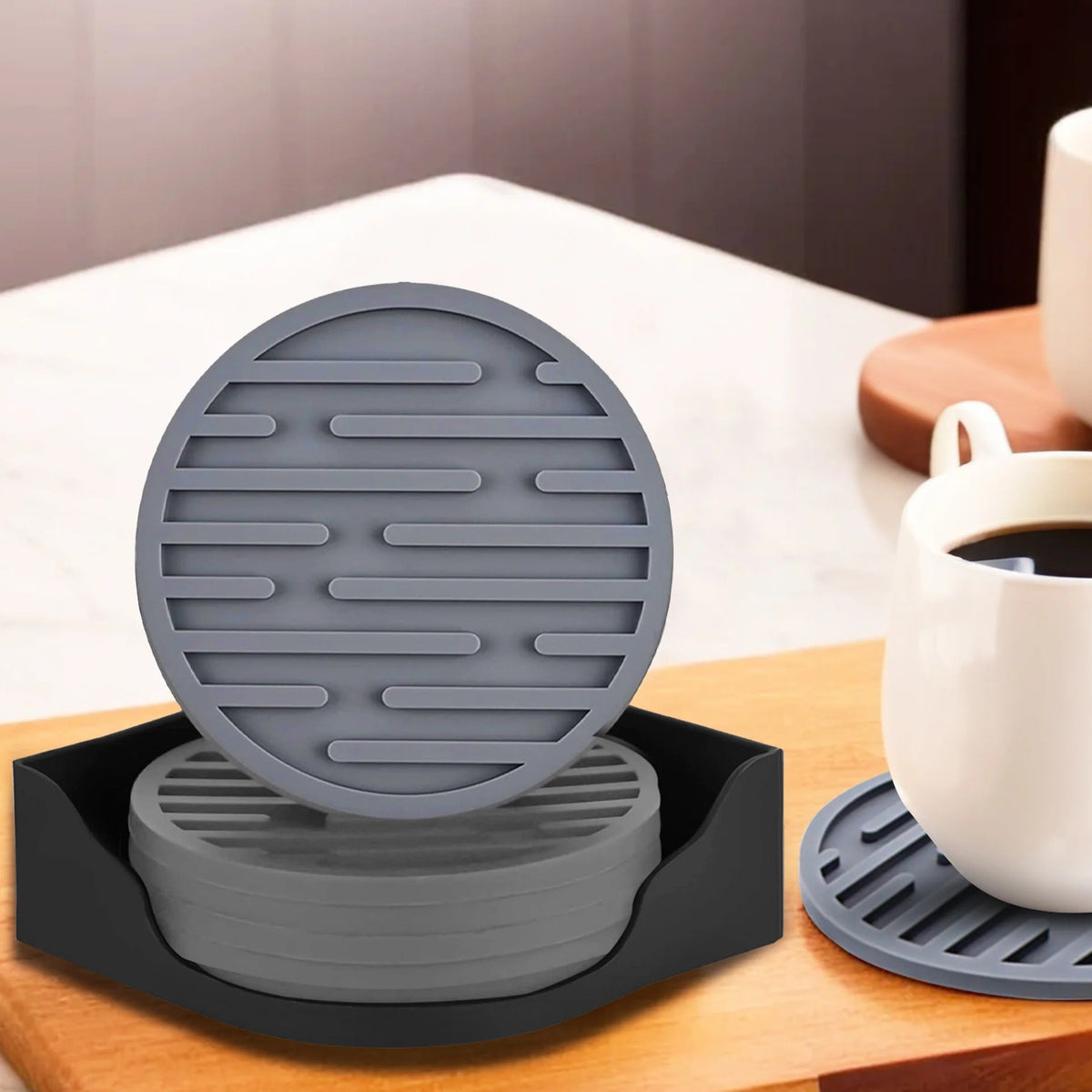 Silicone Coasters Set of 6 with Silicone Holder Grey Round Dining Table Home Office