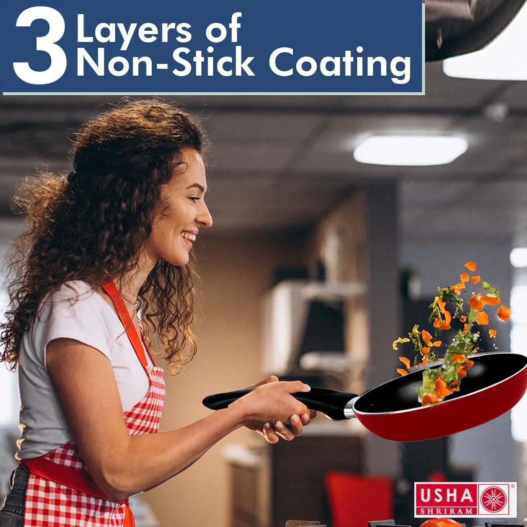 Non-Stick Frying Pan 26 cm 3-Layer Coating Easy Grip Handle Minimal Oil Red