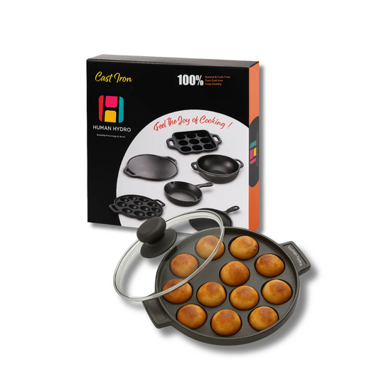 Pre-Seasoned Cast Iron 12-Pit Paniyaram Pan with 4 mm Glass Lid 20 cm Naturally Nonstick Gas Induction