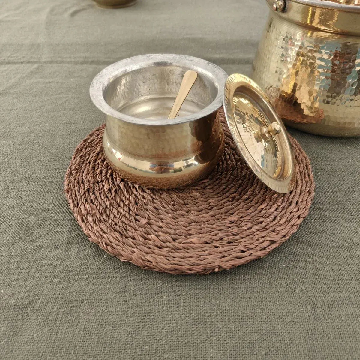 Brass Ghee Pot with Spoon and Lid