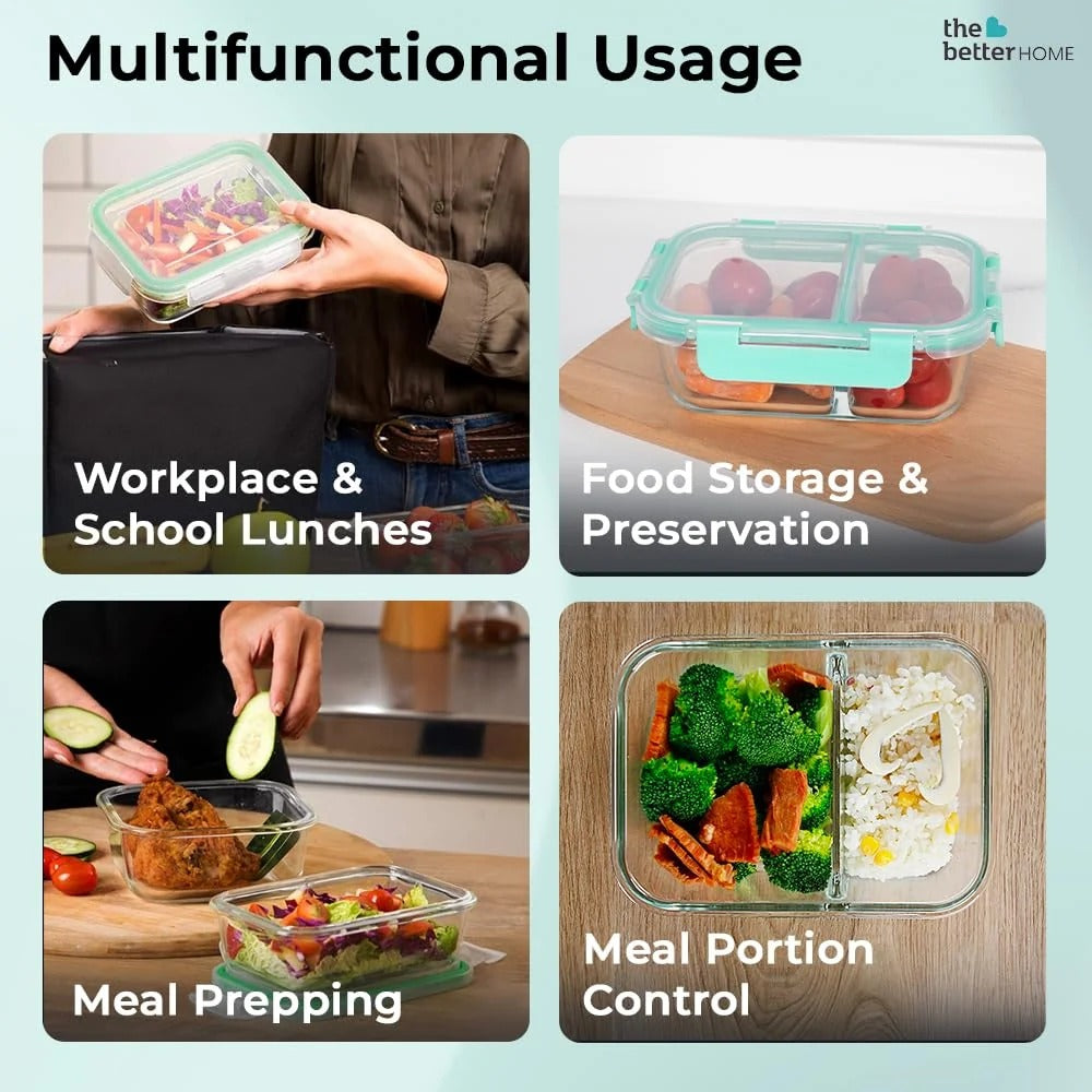 Glass Microwave Safe Office Lunch Box, 570 ml, 2 Compartments, Safety Lock, Transparent