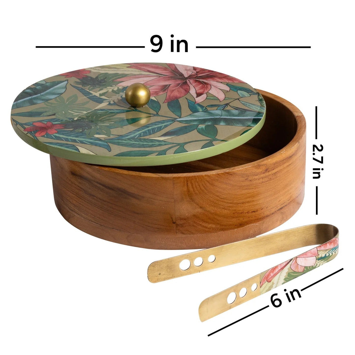 Teak Wood Roti Box with Tong Green Enamel Print