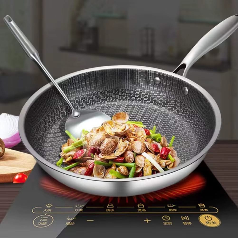 Honeycomb Stainless Steel Frying Pan with Handle – Thickened Design for Seafood and More, 24cm