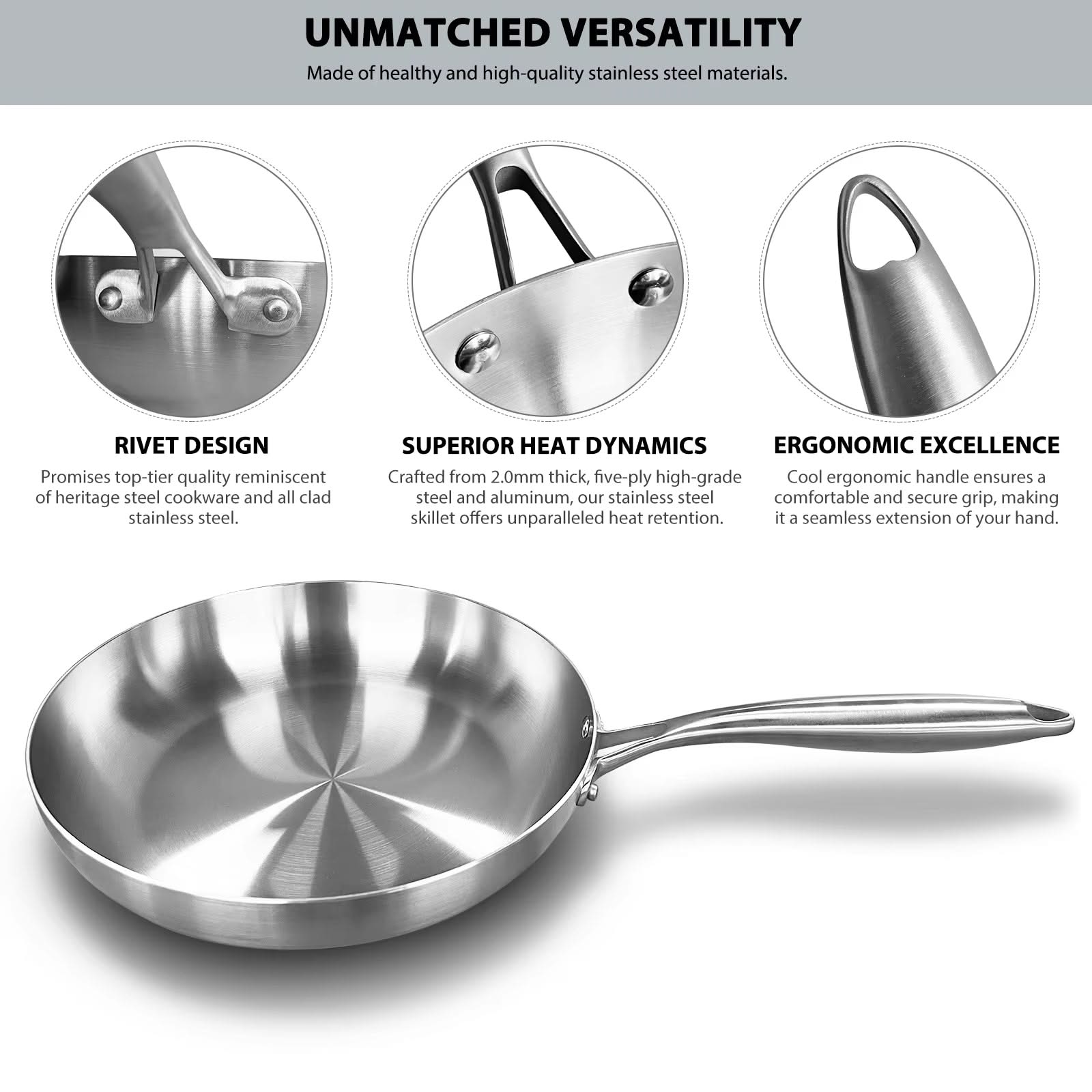 Stainless Steel Non-Stick Frying Pan – Uncoated Kitchen Cookware, Ideal for Searing Steaks and Versatile Cooking on Gas and Induction Cooktops