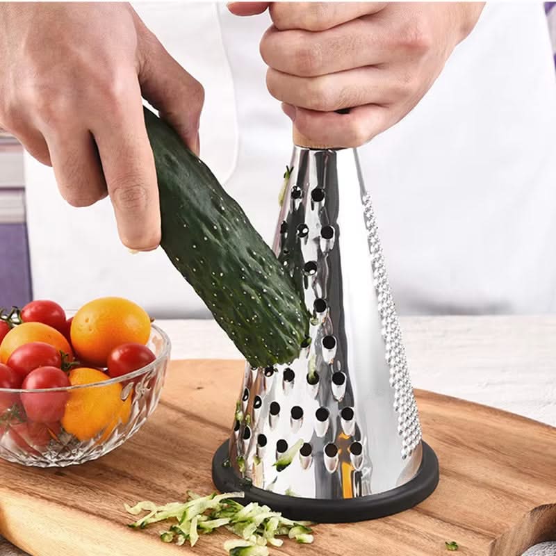 Modern Cone-Shaped Stainless Steel Grater and Zester – Versatile Kitchen Tool for Vegetables, Fruits, and Cheeses, Available in Small, Medium, and Large Sizes (Wooden or Plastic Handle)