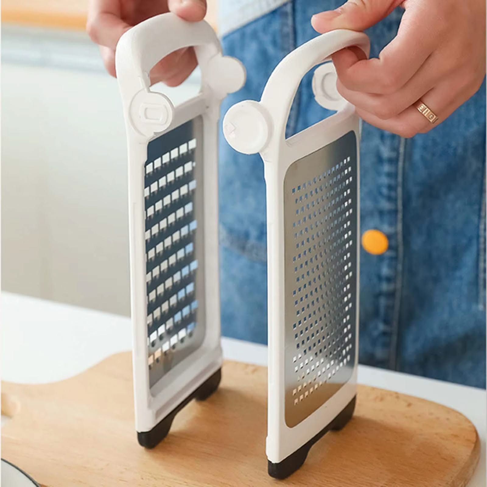 Modern Multifunctional Space-Saving Vertical Foldable Stainless Steel Grater—Double-Sided Design for Fine Grating of Cheese, Vegetables, and Fruit