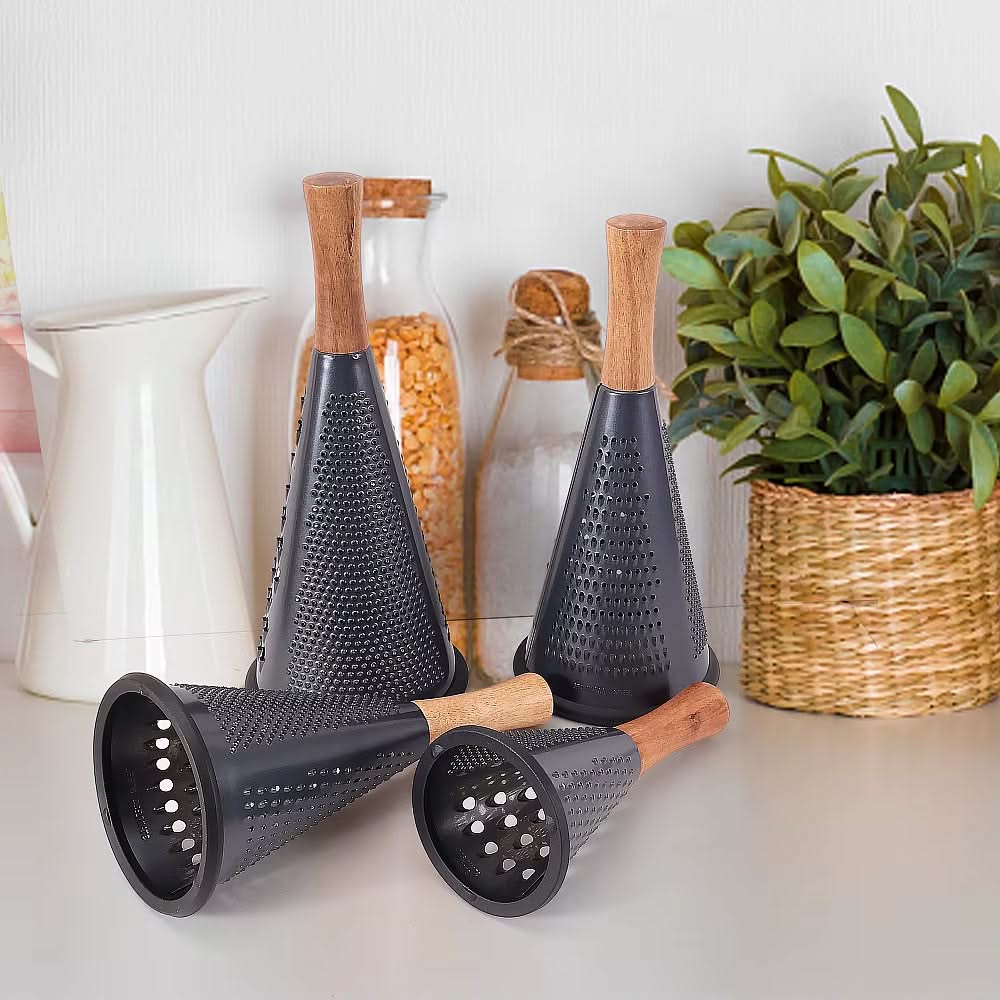 Modern Multi-functional Cone-Shaped Grater 3-Side with Wooden Handle – Ideal for Cheese, Vegetables, and Fruits in the Kitchen (Black), Available in 4 Sizes
