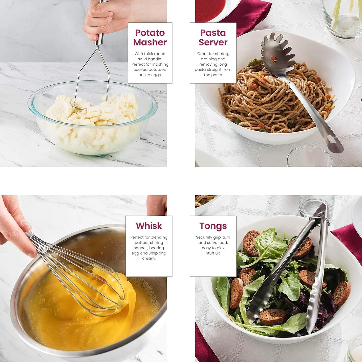 10-Piece Stainless Steel Utensil Collection – Premium Nonstick, Heat-Resistant Tools for Every Task: Turner, Ladle, Spaghetti Server, Tongs, Serving Spoons, Whisk, Potato Masher & Handy Holder Organizer