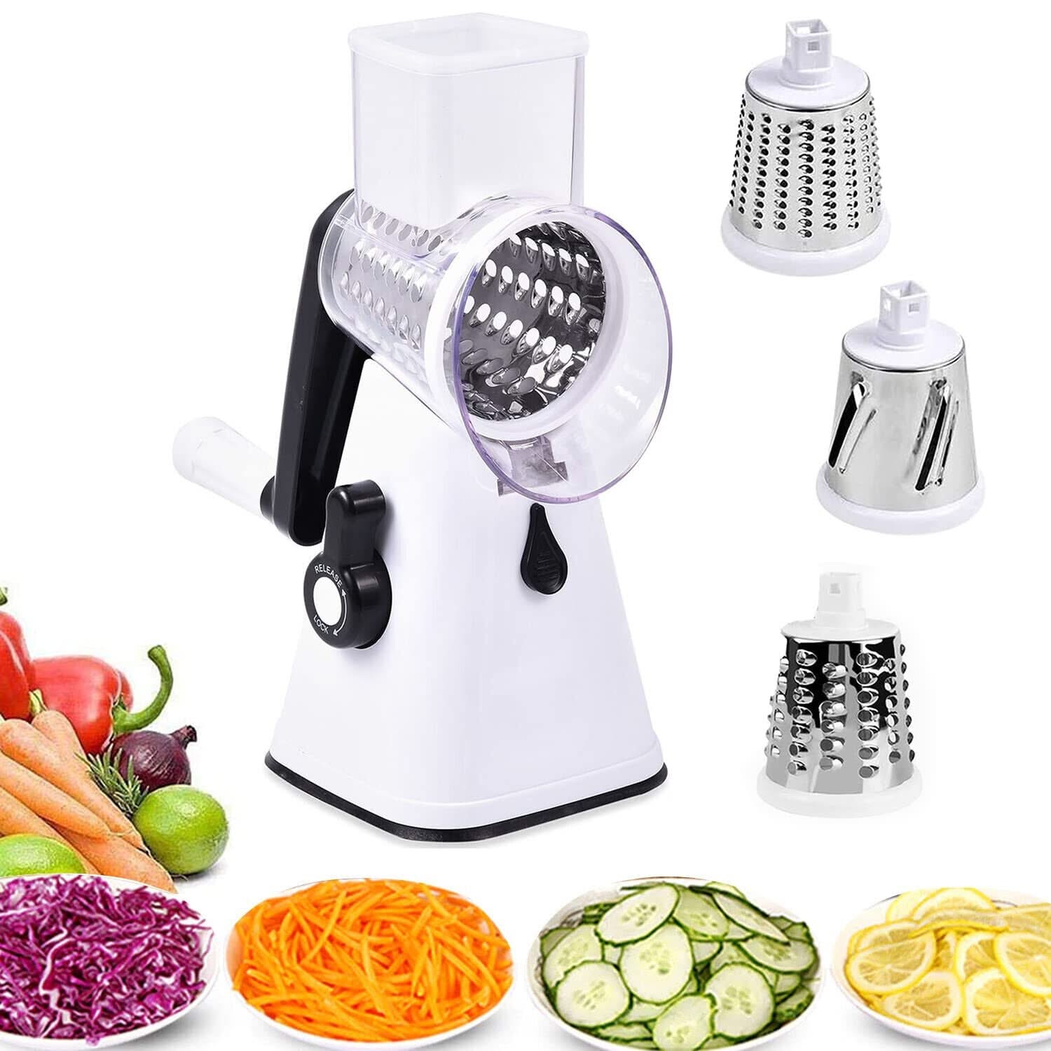 3 in 1 Rotary Cheese Grater – Multifunctional Slicer and Shredder with Easy-to-Swap Stainless Steel Interchangeable Rotating Drum Blades for Effortless Kitchen Prep Tool