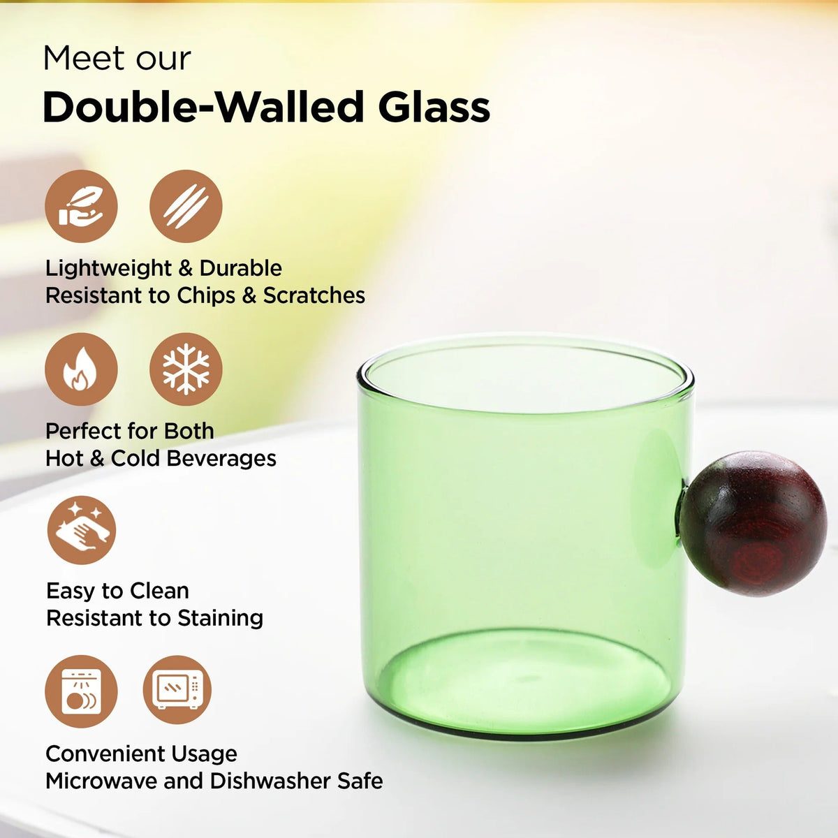 Pack of 2: Borosilicate Glass Coffee Mugs with Wooden Handle, 120 ml, Green