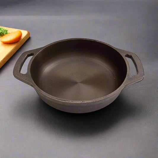 Handcrafted Cast Iron Flat Bottom Pan Kadai Pre-Seasoned Induction Friendly