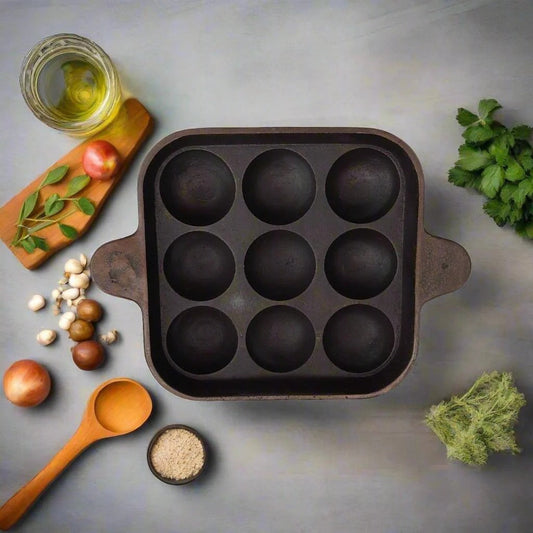 Cast Iron Square Paniyaram Pan 9 Pits Induction Friendly