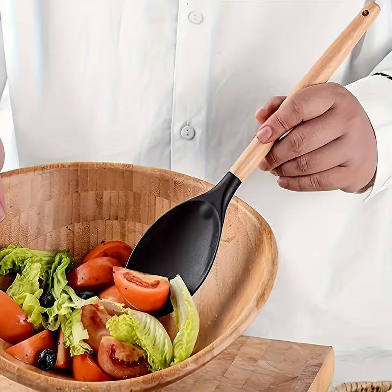 7-piece Silicone Kitchen Utensil Set with Wooden Handles