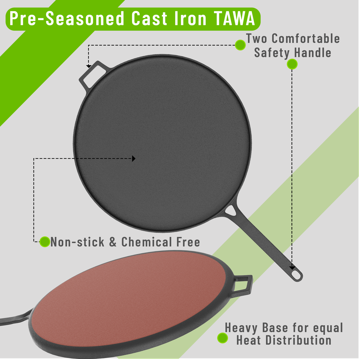 28 cm/11 inch Pre-Seasoned Cast Iron Dosa Tawa, Roti/Chapati Tawa with Long Handle, Iron Tawa Big Size