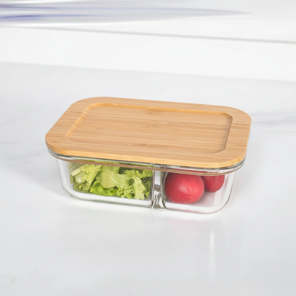 Borosilicate Glass Tiffin Box 980 ml, Bamboo Lid, Leak-Proof, Glass Lunch Box