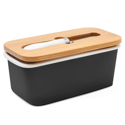 Ceramic Butter Dish with Wooden Lid & SS Knife, Fridge Storage, Airtight, Black