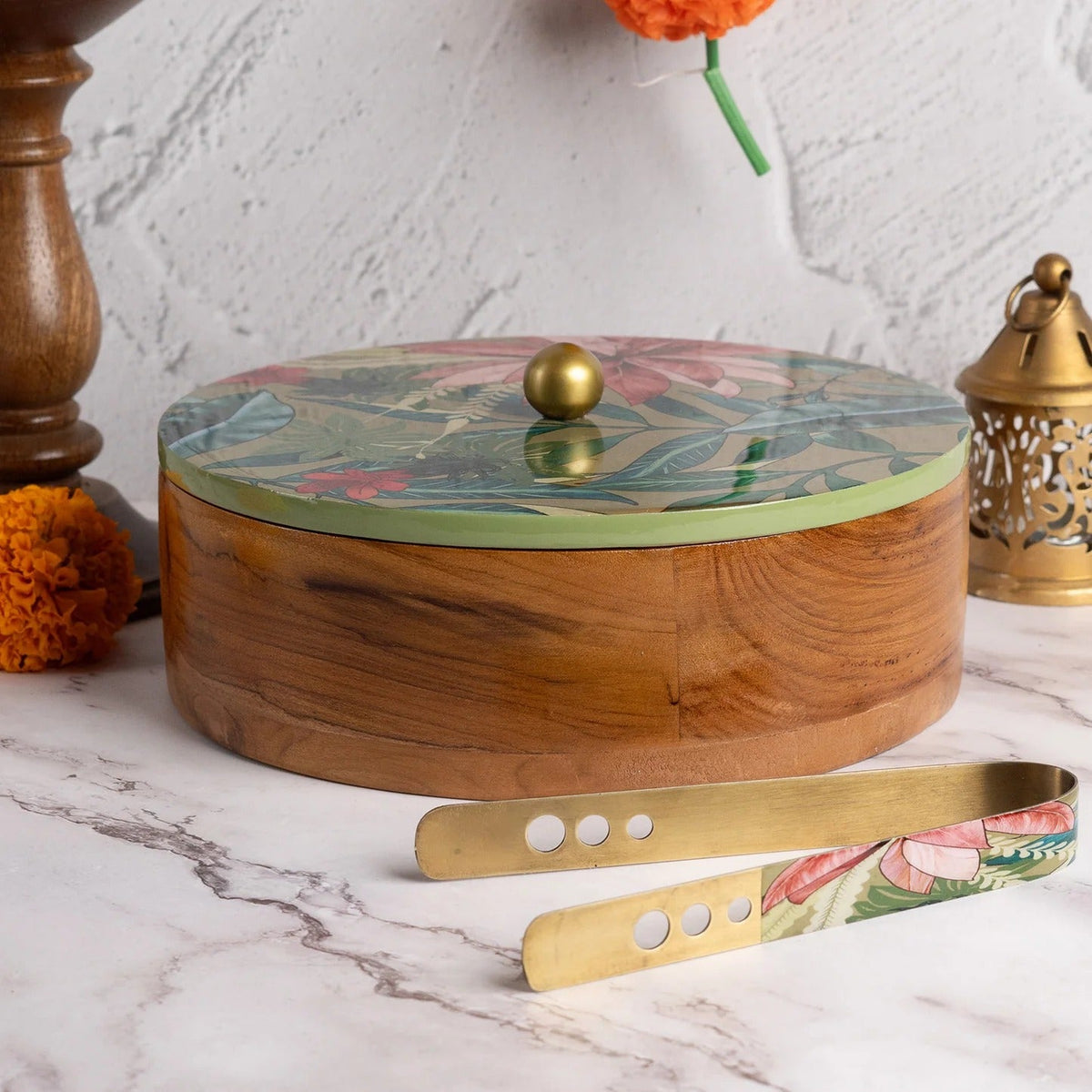 Teak Wood Roti Box with Tong Green Enamel Print