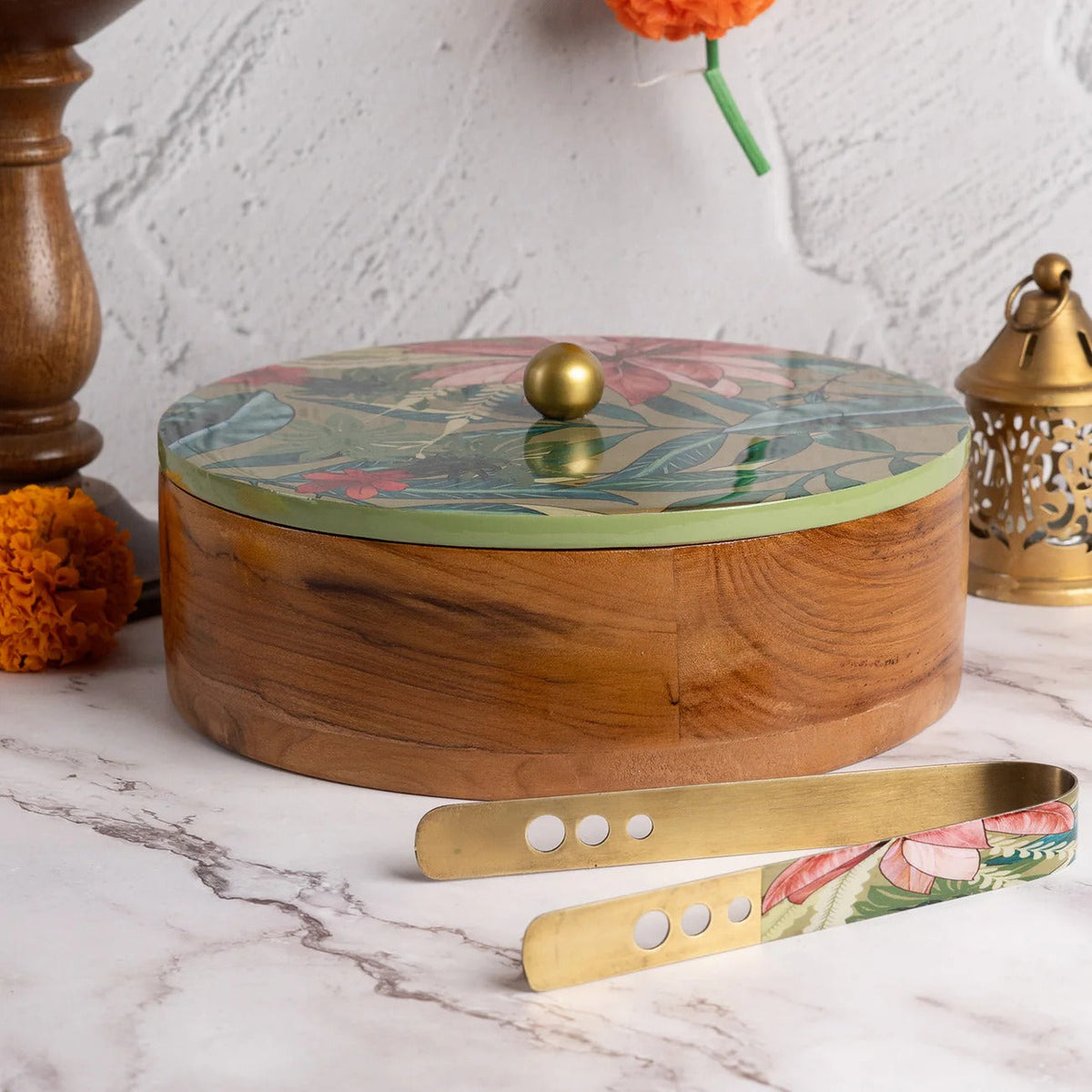 Teak Wood Roti Box with Tong Green Enamel Print