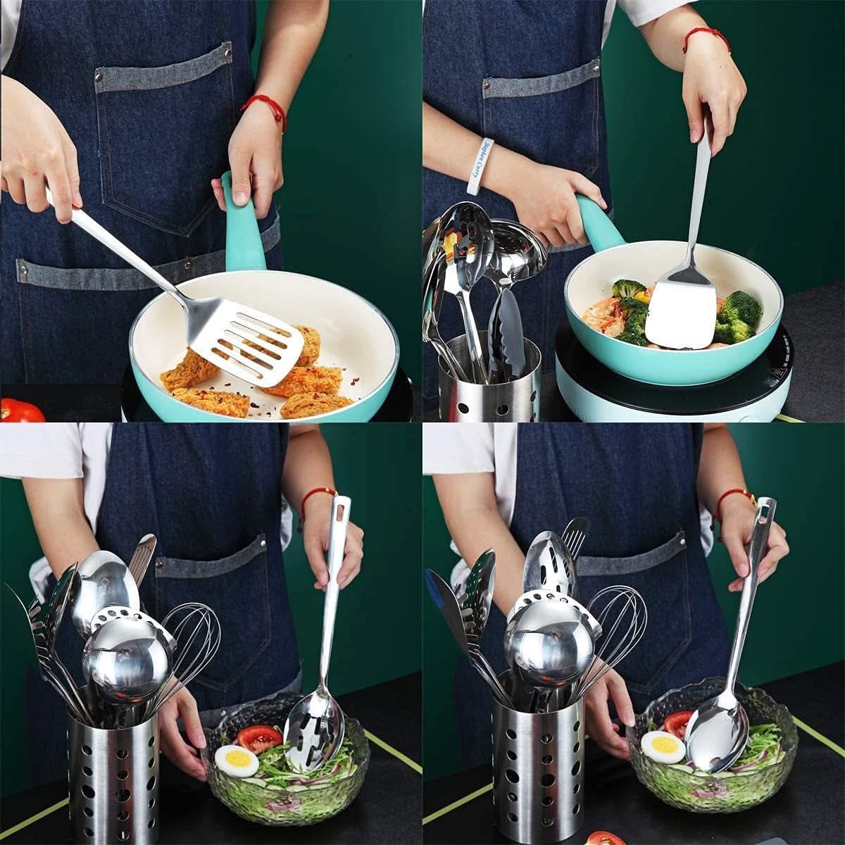Stainless Steel Cooking Utensils Set, 13 Pieces Kitchen Utensils Set – Includes Heat-Resistant and Non-Stick Tools, Utensil Holder, Dishwasher Safe, and Easy to Clean