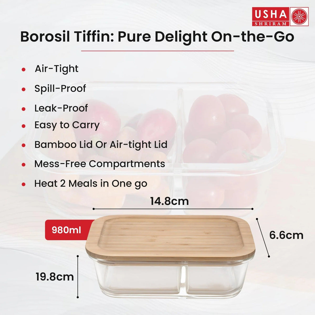 Borosilicate Glass Tiffin Box 980 ml, Bamboo Lid, Leak-Proof, Glass Lunch Box