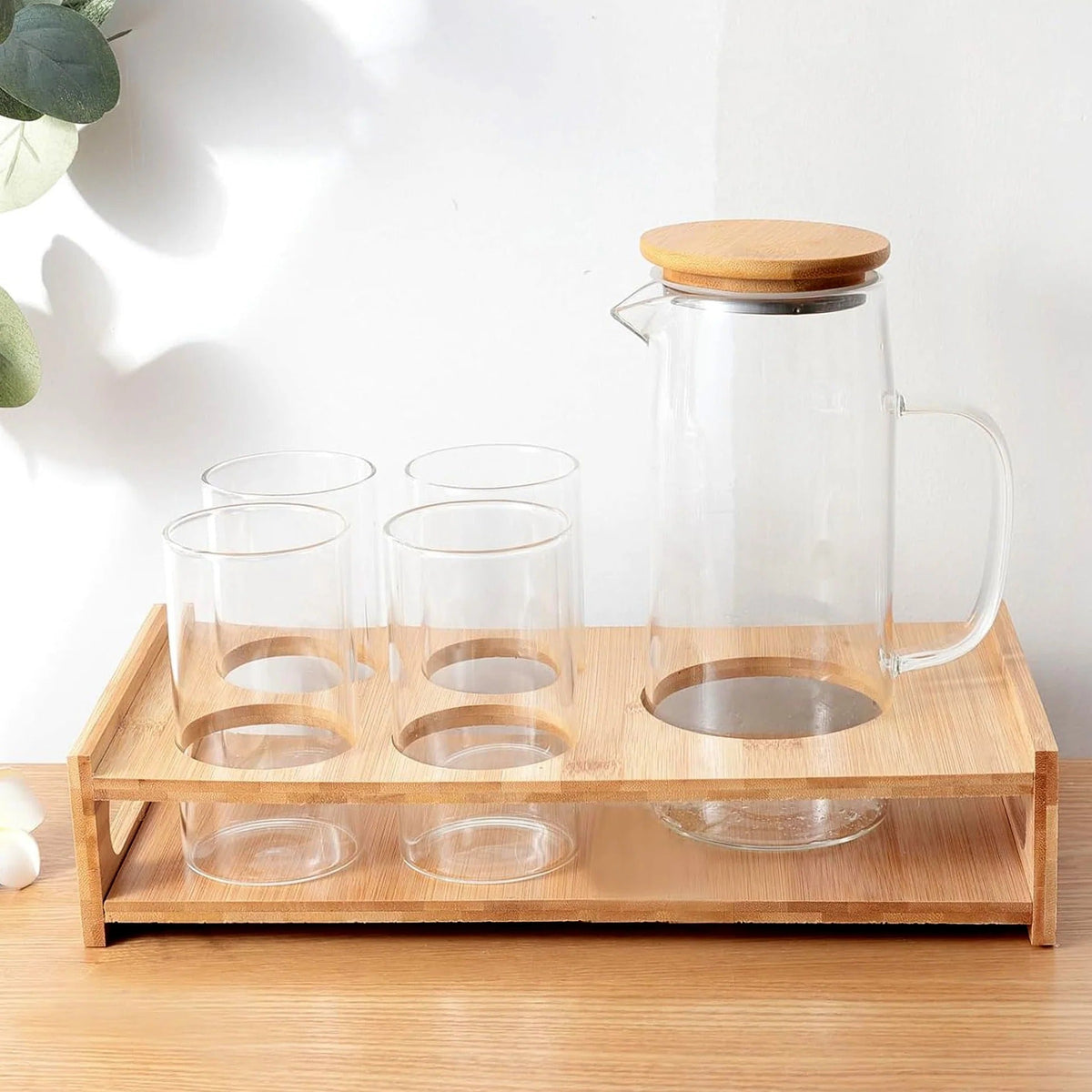 Glass Jug 950 ml with Bamboo Tray + 4 Water Glasses 330 ml Housewarming Gift Set