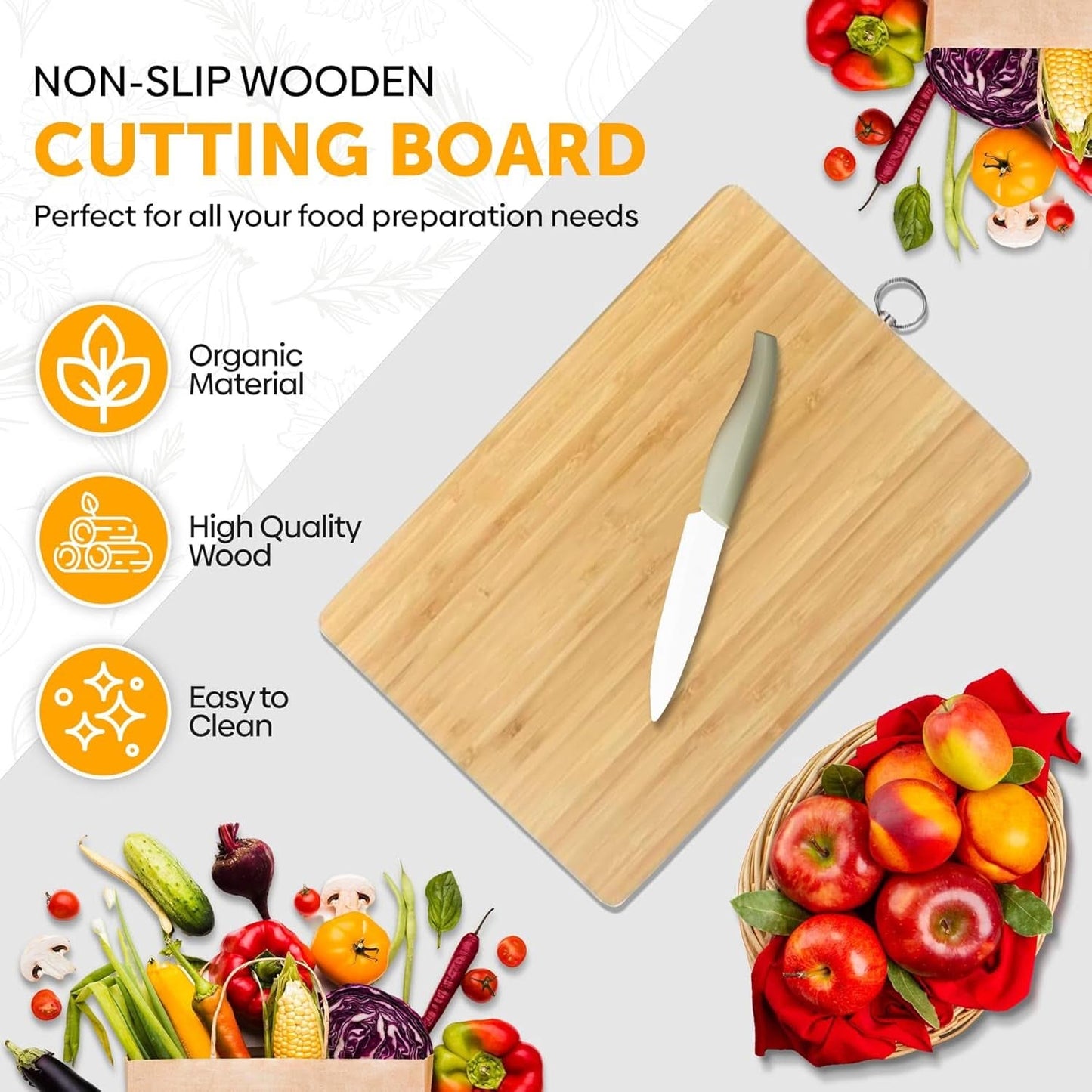 Wooden Bamboo Cutting Board – Non-Slip Chopping Board for Meat, Vegetables, Cheese, and Bread (20 x 30 x 1.3 cm)