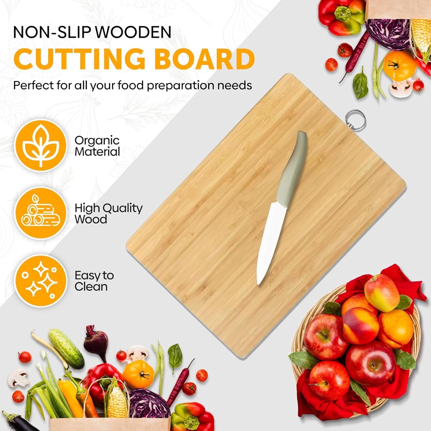Wooden Bamboo Cutting Board – Non-Slip Chopping Board for Meat, Vegetables, Cheese, and Bread (20 x 30 x 1.3 cm)